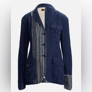 Lauren Ralph Lauren Patchwork Print Linen Blazer Navy 4 petite